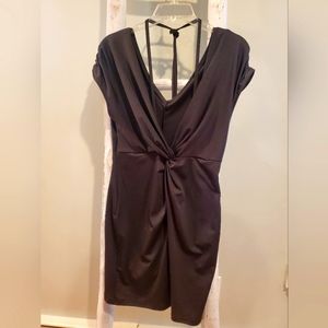 Black, short-sleeve, knee-length dress with a gathered waist, size medium